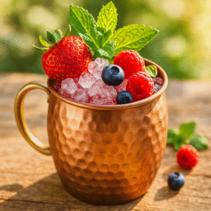 Berry Mocktail Mule served in a copper mug with crushed ice, fresh raspberries, blackberries, blueberries, and mint garnish, on a rustic wooden table in warm summer lighting