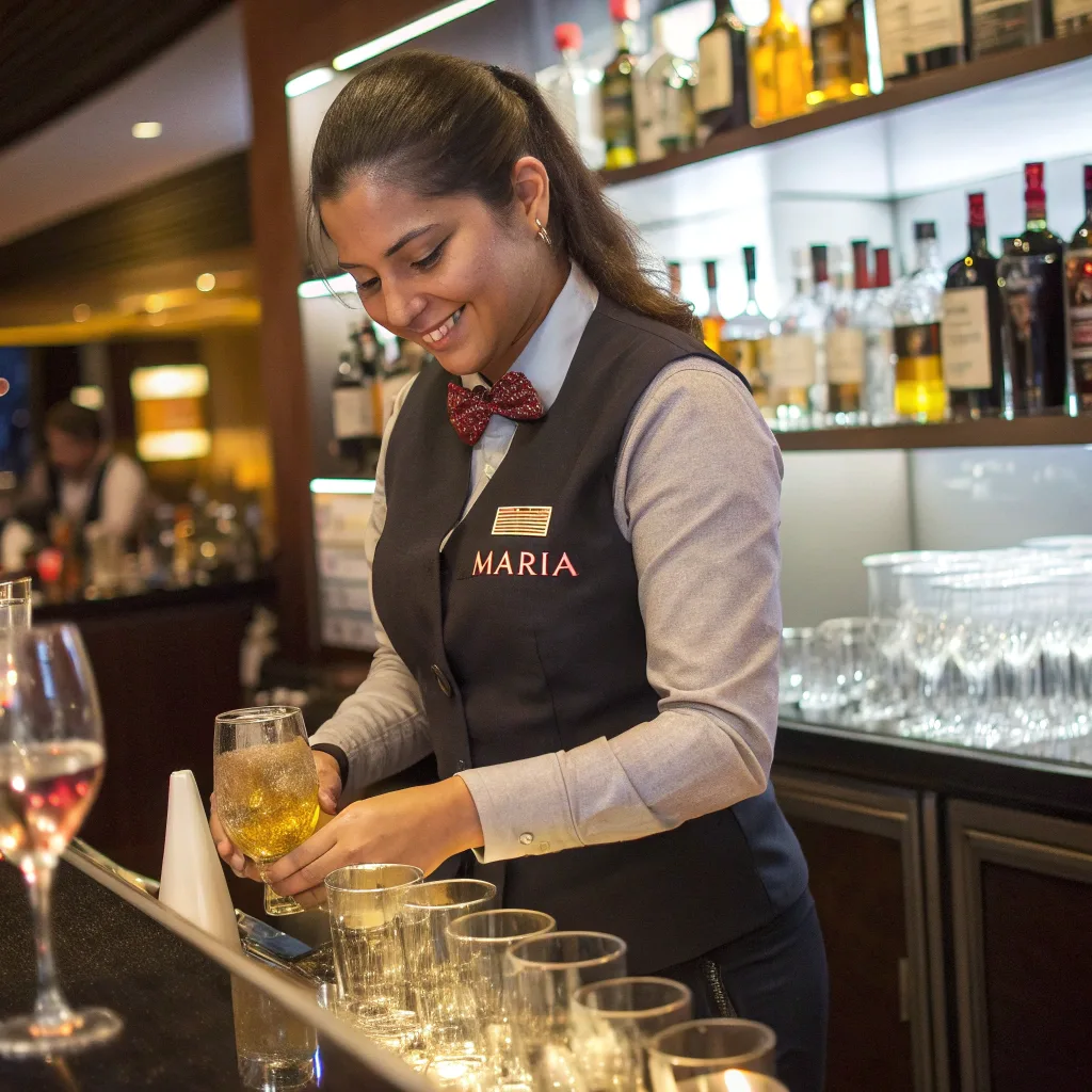 Female bartender in formal attire preparing a sparkling golden mocktail at an elegant bar counter