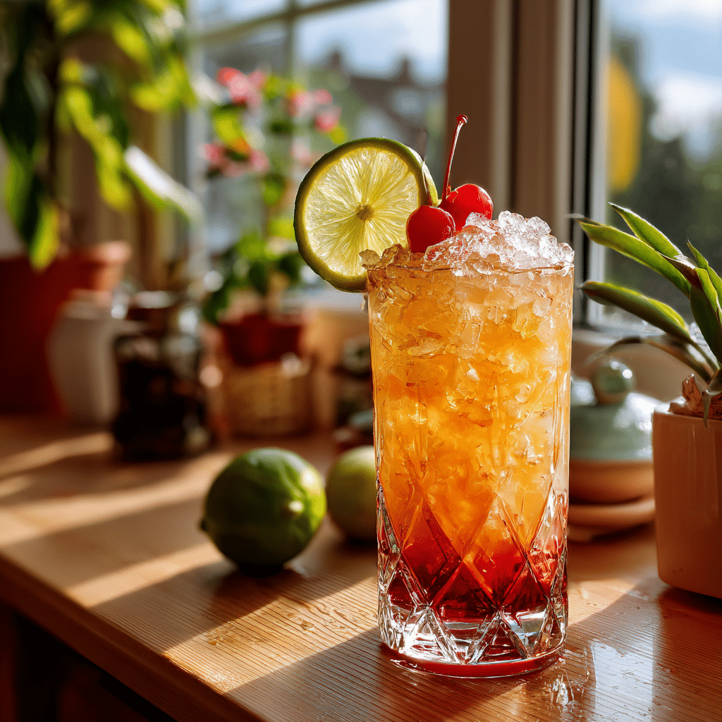Virgin Mai Tai mocktail in a glass with lime, mint, and cherry garnish on ice.