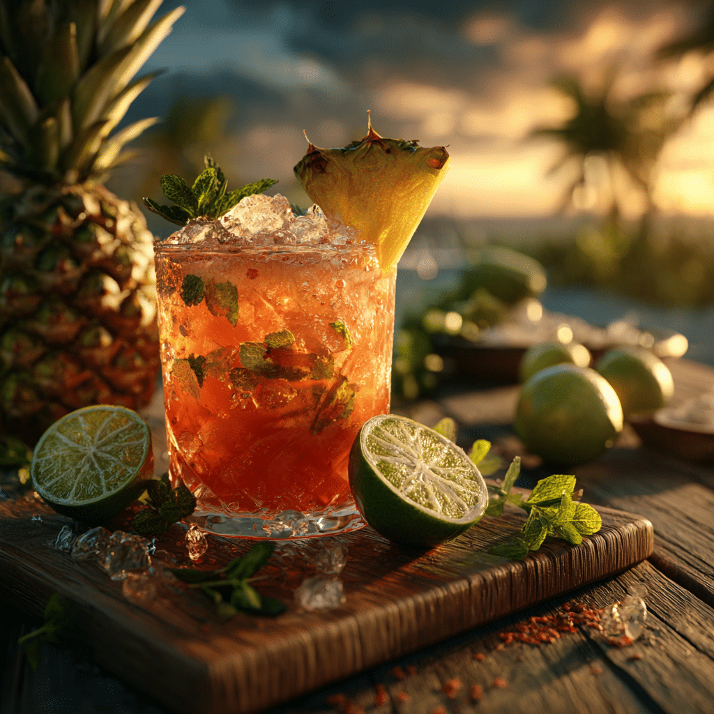 Tropical mocktail ingredients on a beach table