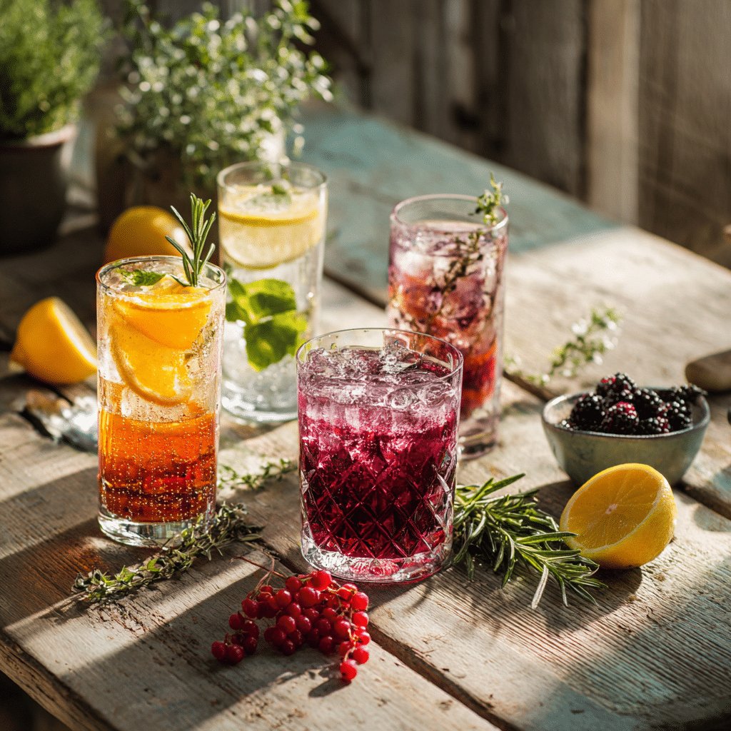 Sugar free mocktails on rustic table with herbs and fruit