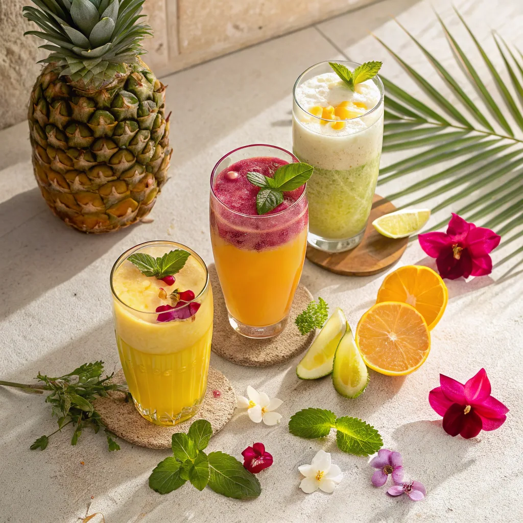 A colorful top-down view of five tropical fruit juices — pineapple, orange, coconut water, mango, and hibiscus — in clear glasses with fresh garnishes on a sunny table, styled with palm leaves and vibrant summer tones.