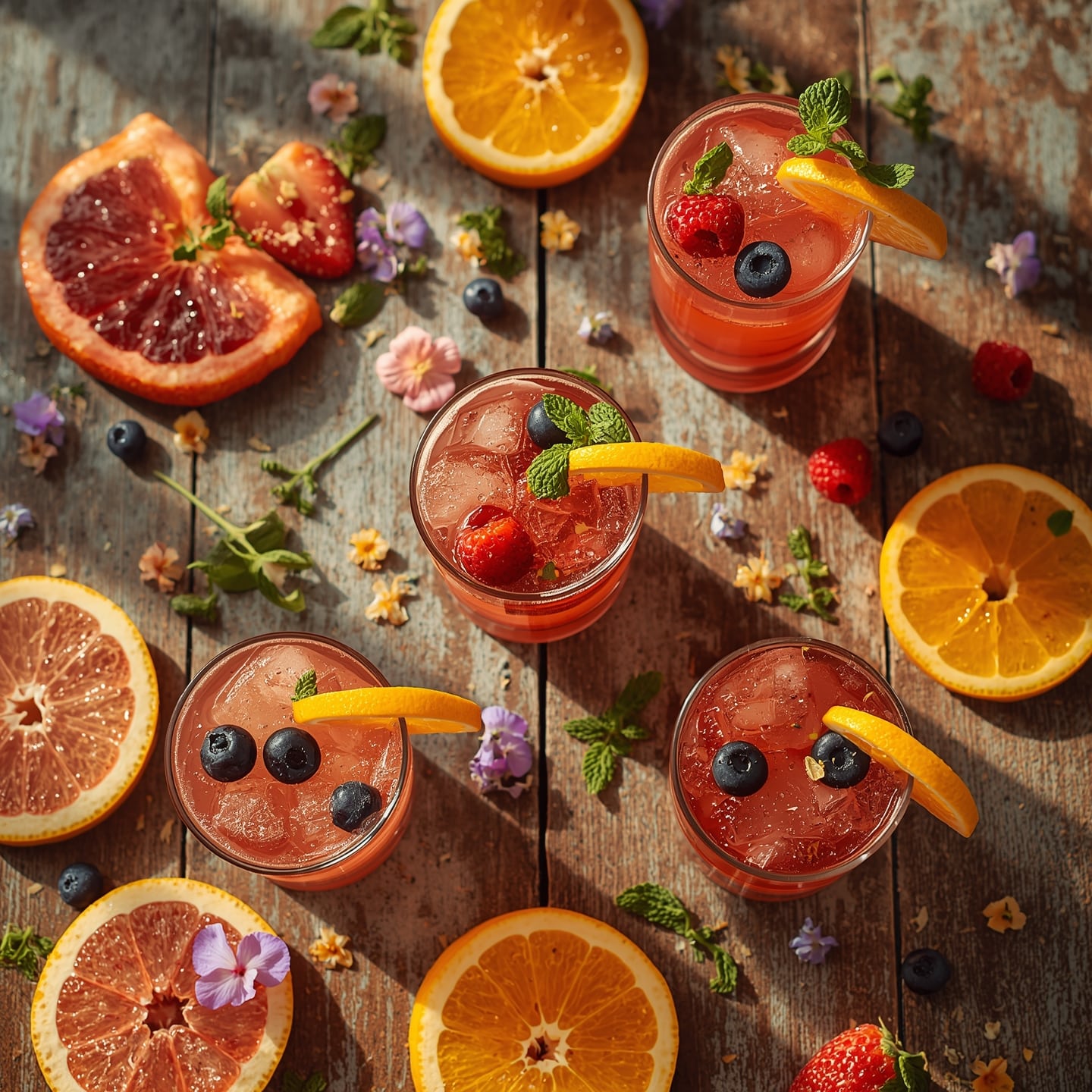 garnished mocktails with fresh fruit and herbs