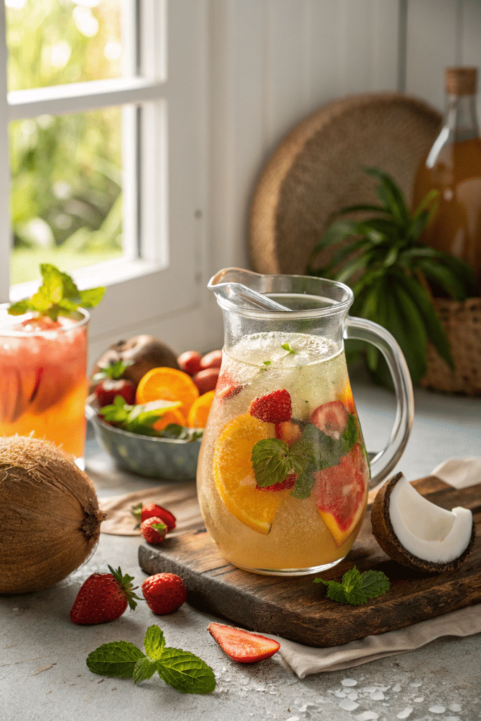 Sugar-free tropical punch mocktail in a glass pitcher with fresh fruits