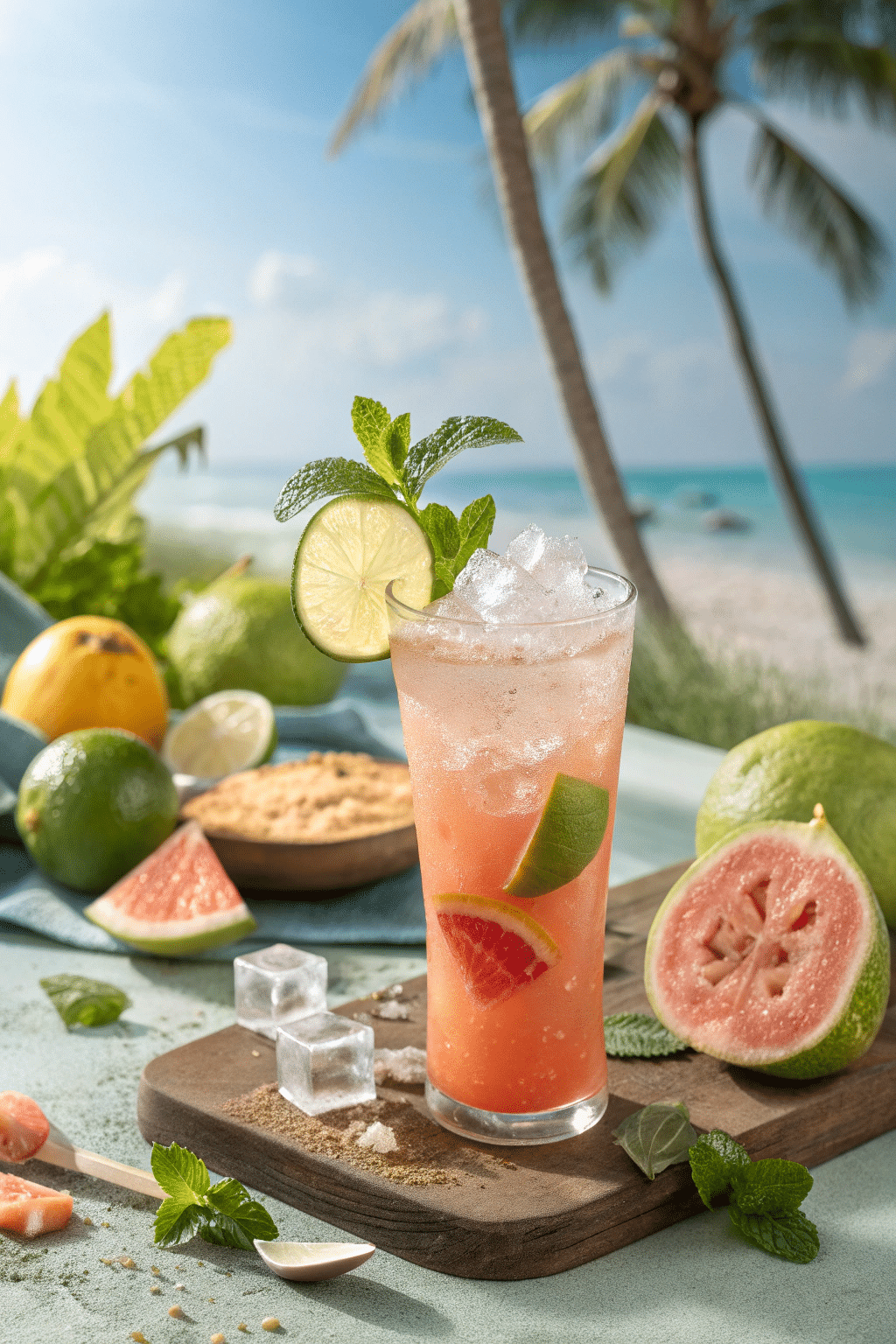 pouring cucumber juice into tropical mocktail glass