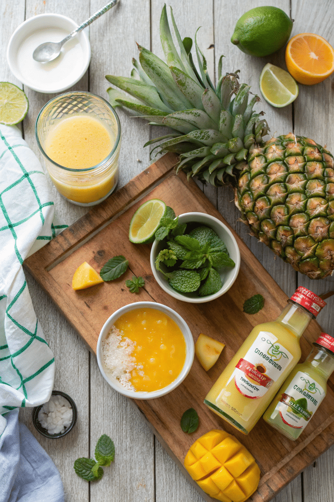 Tropical punch mocktail ingredients on a rustic kitchen counter