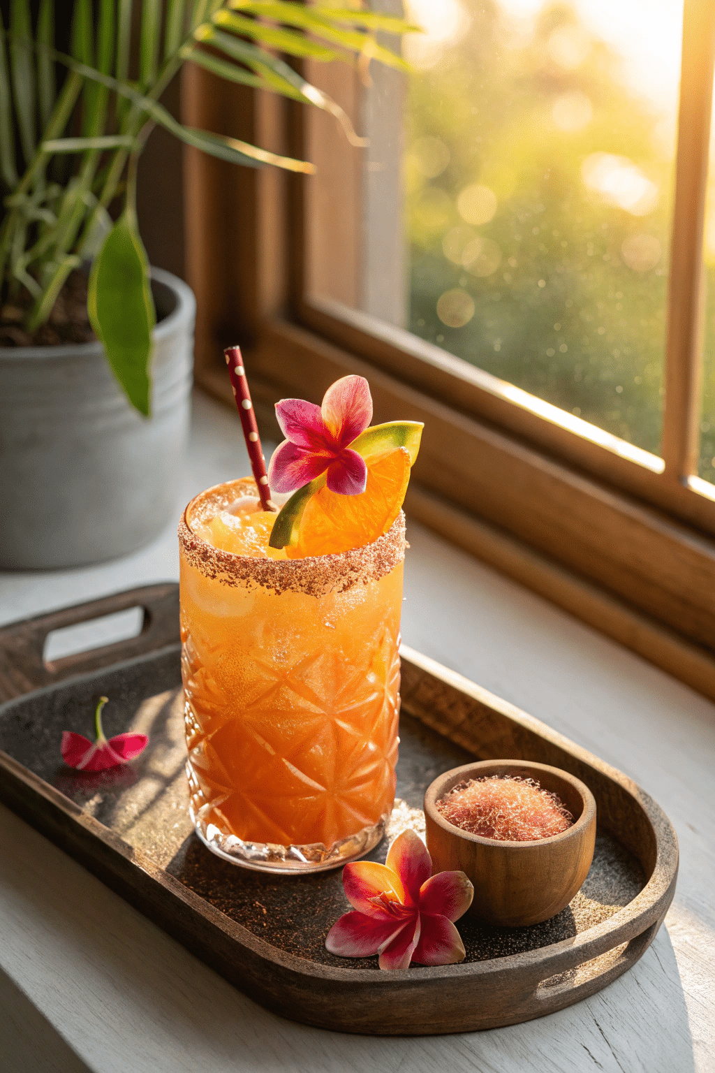 tropical mocktail with chili rim and flower garnish