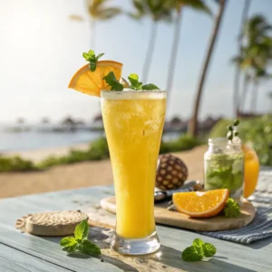 Pineapple and orange juice mocktail on a tropical table