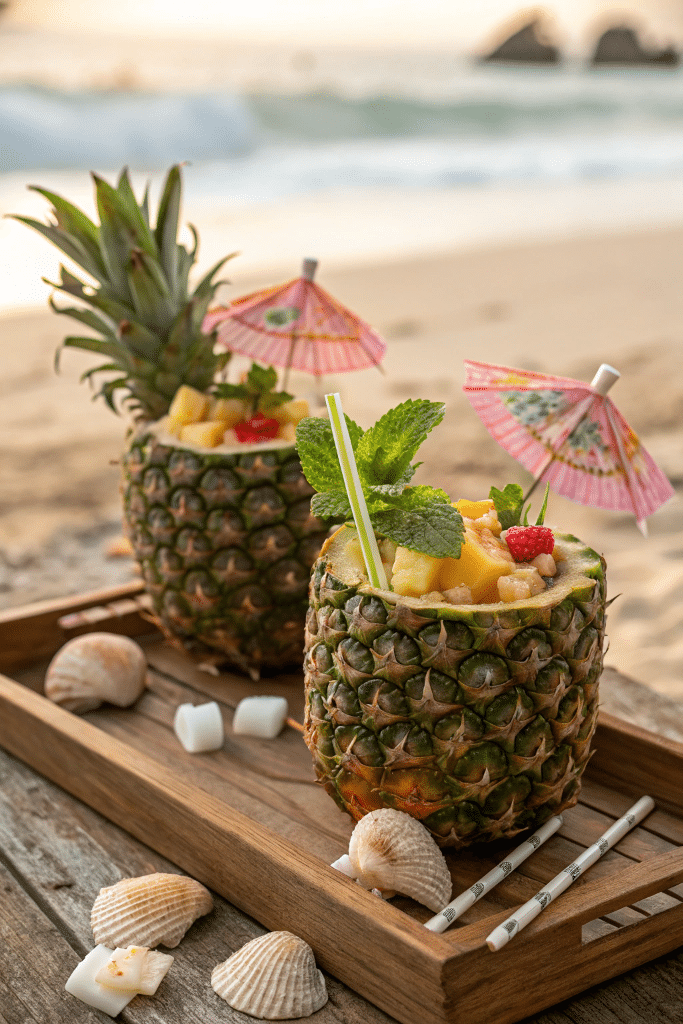 Tropical punch mocktail served in hollowed-out pineapples with mint and umbrellas