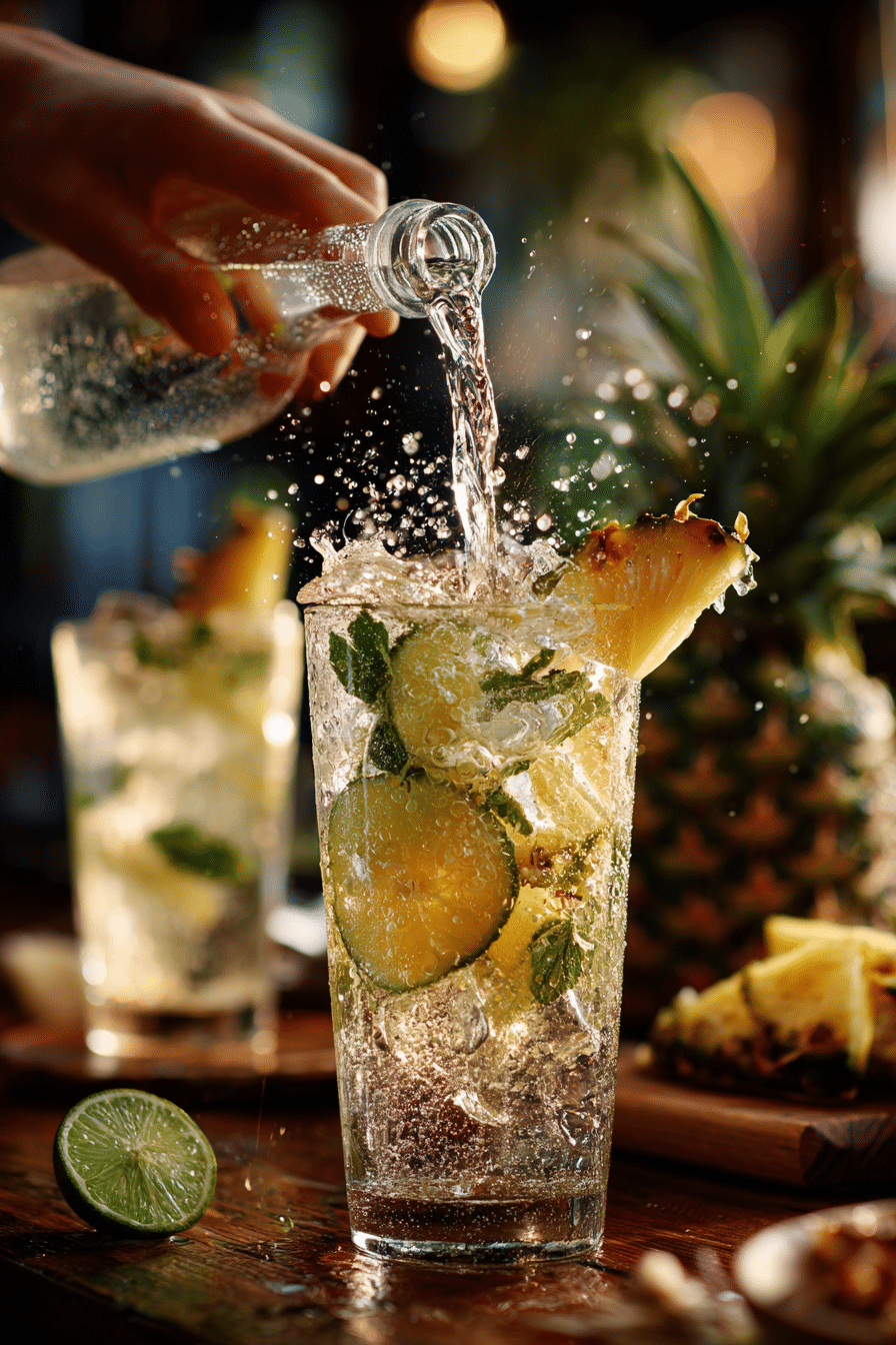 Pouring sparkling mixer into tropical mocktail glass