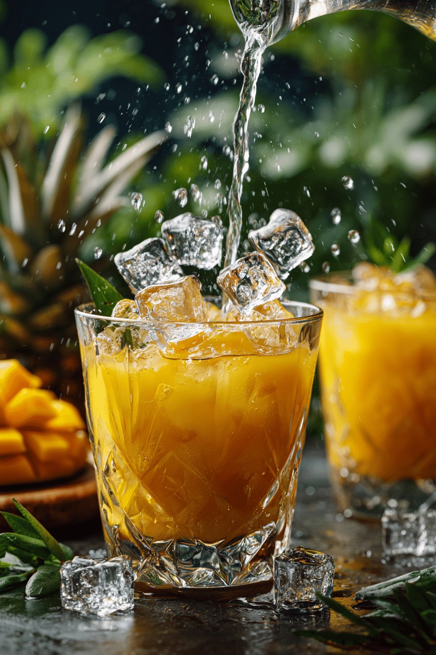 Pouring a mango coconut water mocktail into a glass