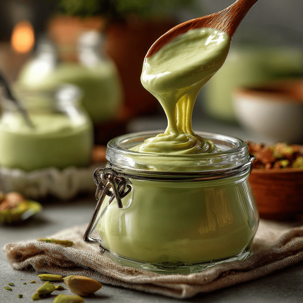 Pistachio cream in a jar with spoon and nuts on rustic table