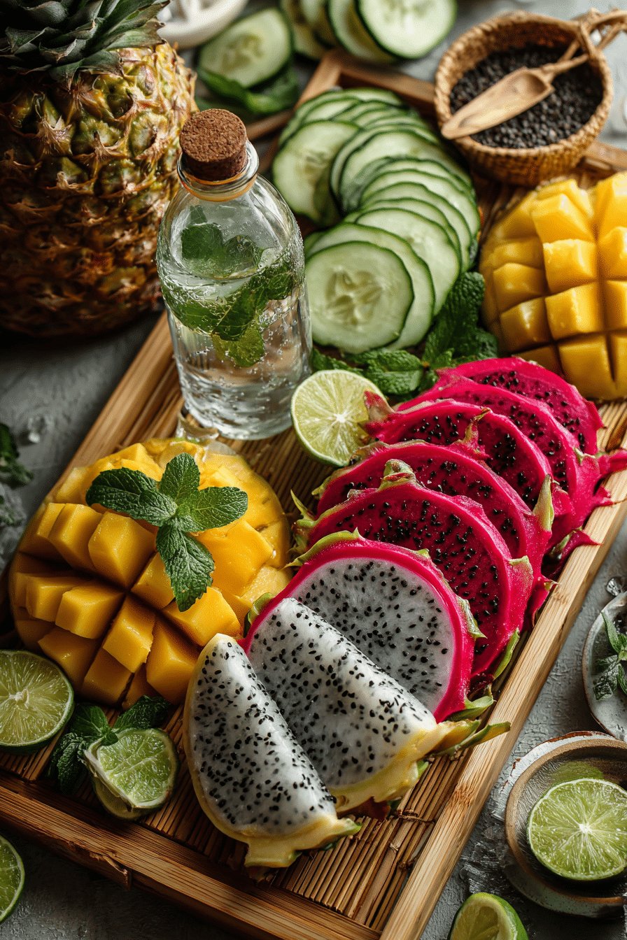 Tropical fruits and herbs used in hydrating tropical mocktails
