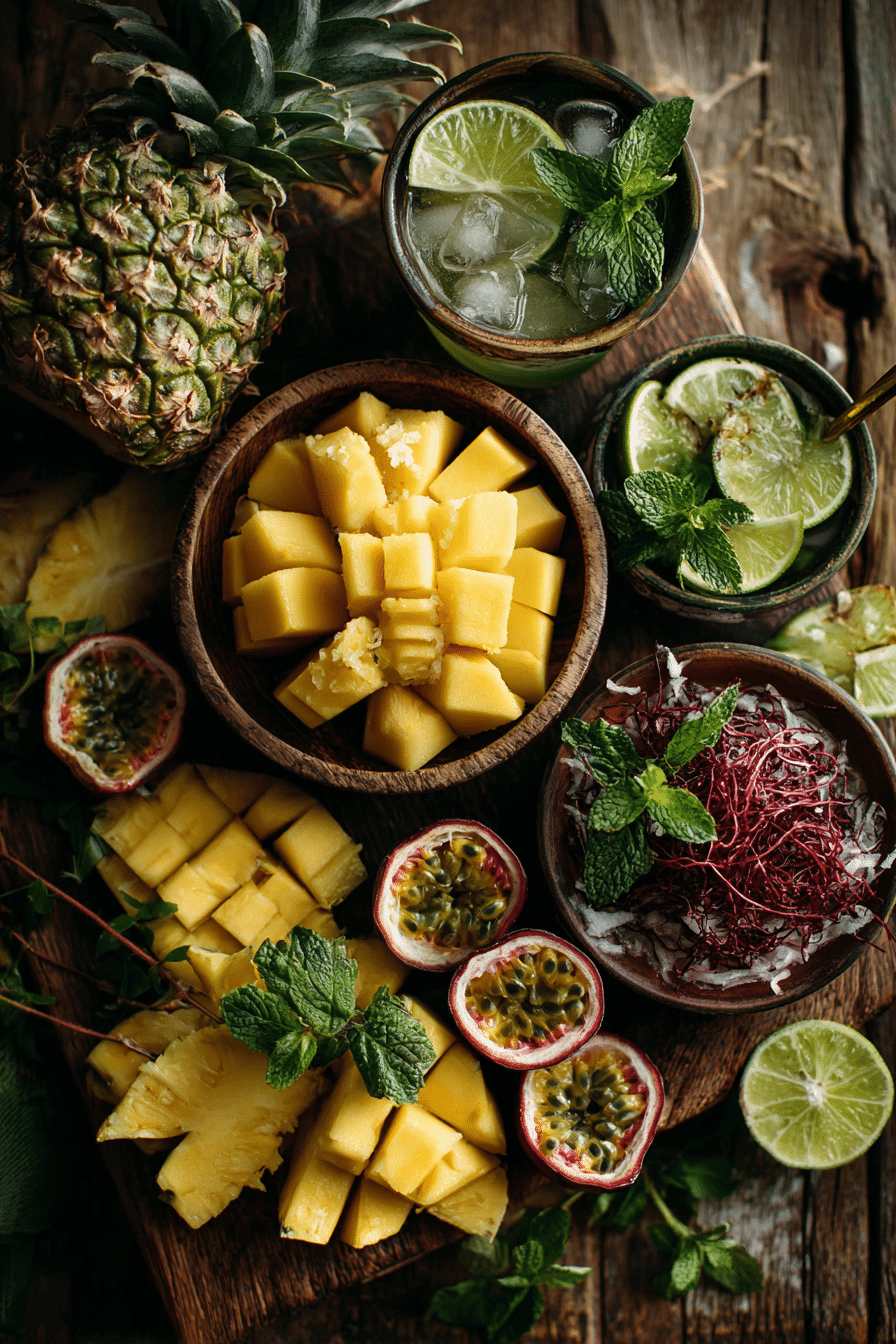 Fresh tropical mocktail ingredients on rustic table