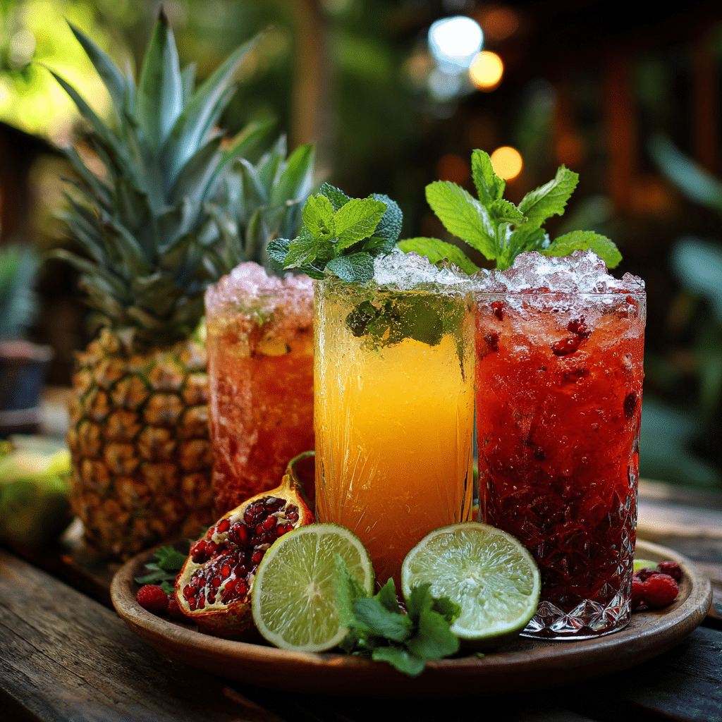 Colorful hydrating tropical mocktails with mint and lime on summer table