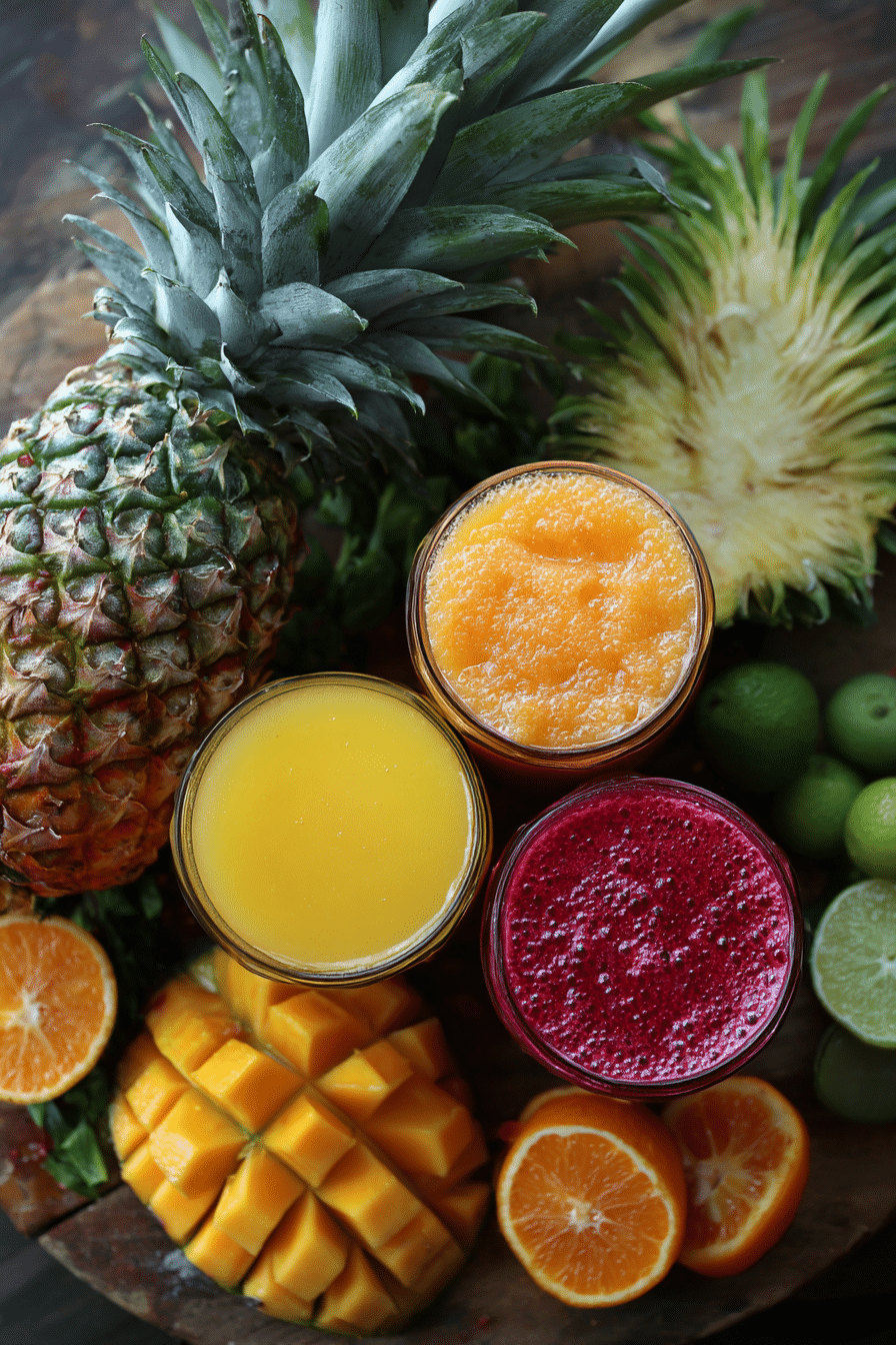 Pouring tropical fruit juice into glasses