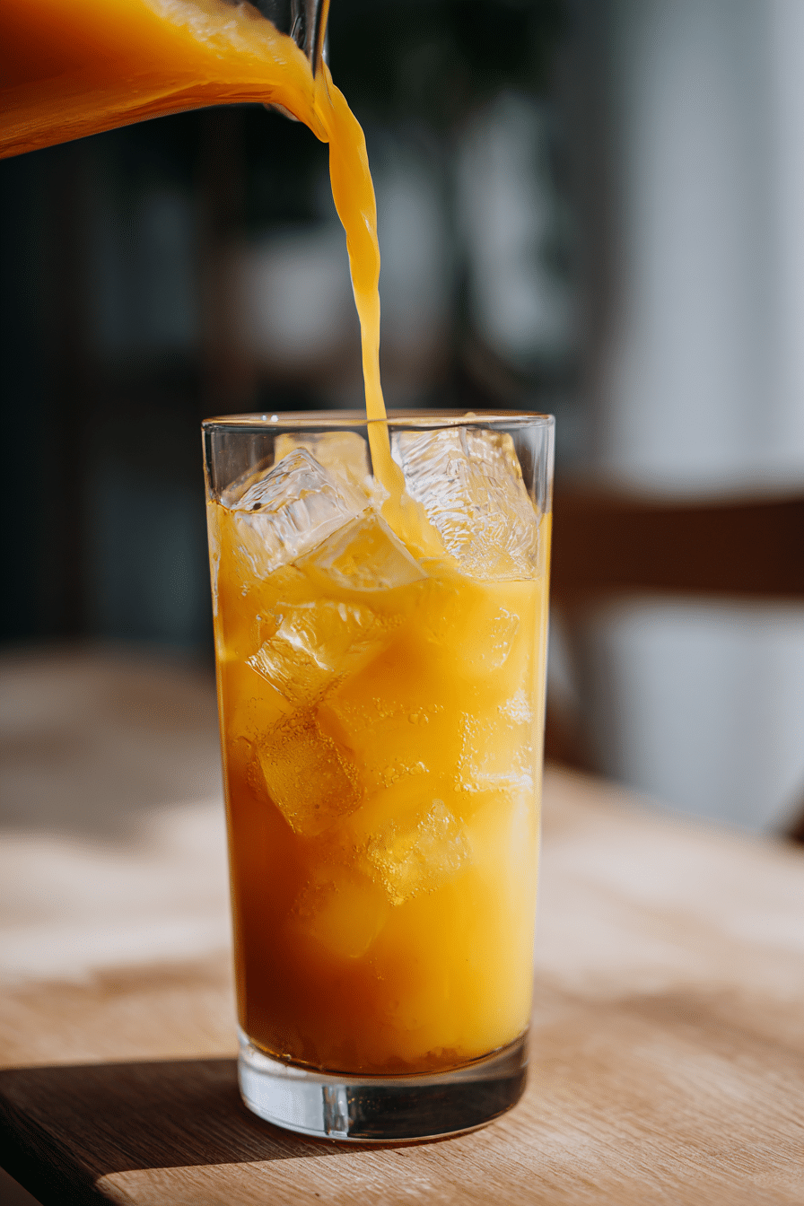 Pouring Orange Mango Juice for Tropical Sunrise Mocktail