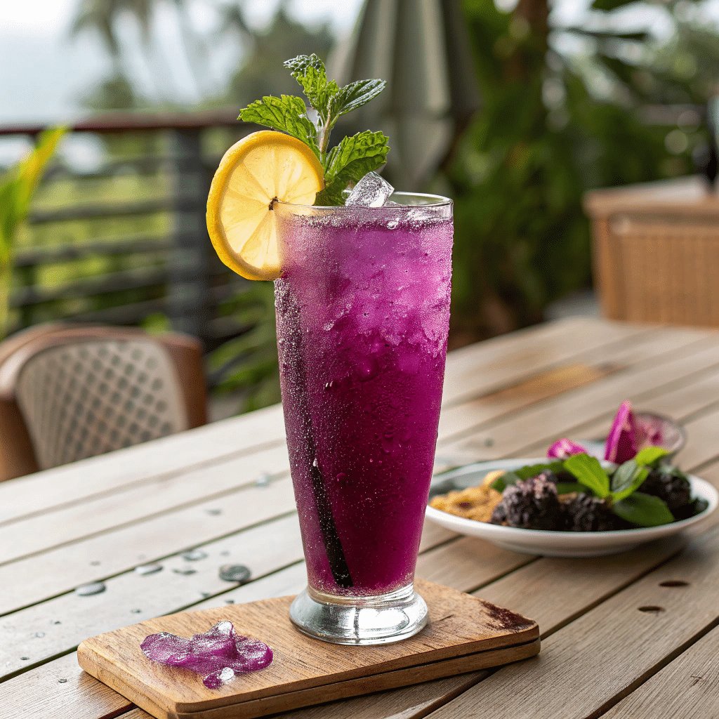 Purple rain mocktail with lemon and mint garnish on outdoor table