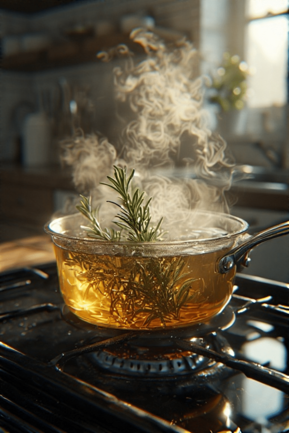 rosemary syrup simmering in saucepan