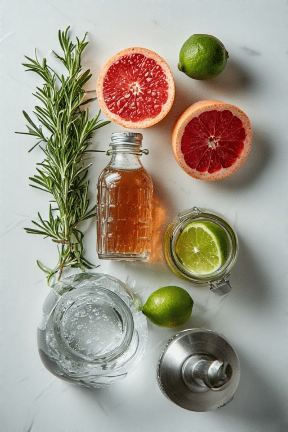 ingredients for rosemary paloma mocktail on counter