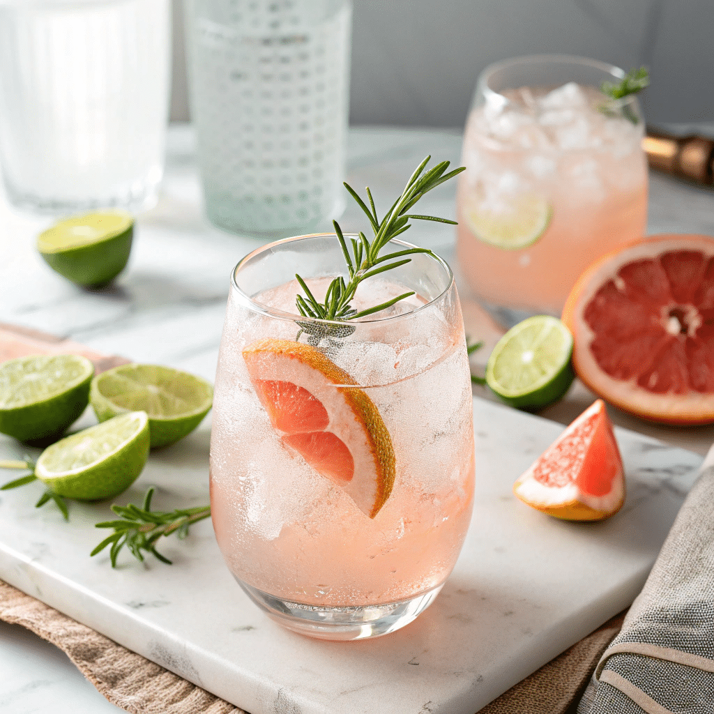 rosemary paloma mocktail in glass with garnish