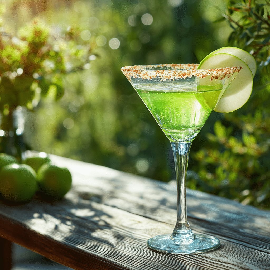 appletini mocktail in martini glass with cinnamon-sugar rim and apple garnish outdoors
