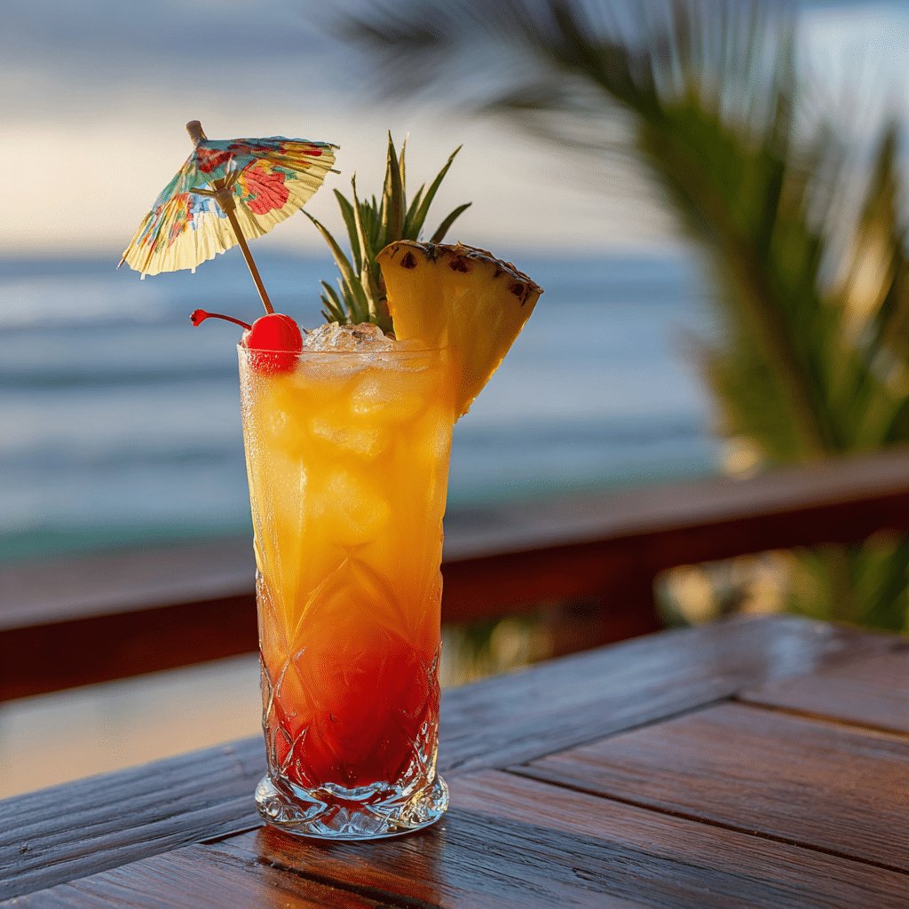Bahama Mama Mocktail with tropical garnishes on a beach table
