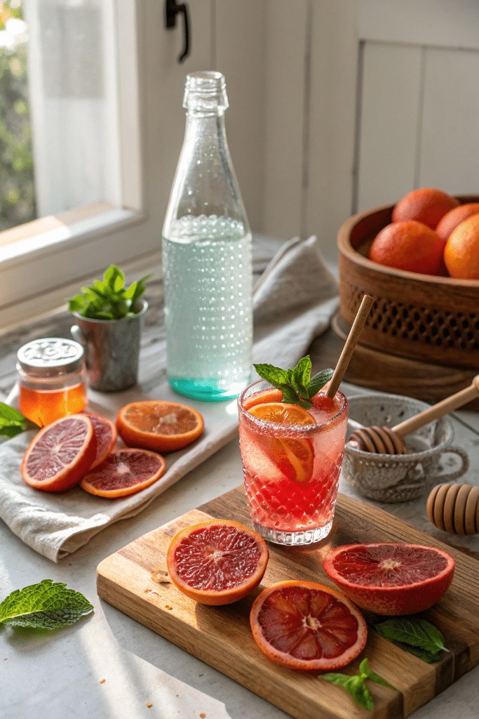 fresh blood orange mocktail spritzer ingredients on kitchen counter