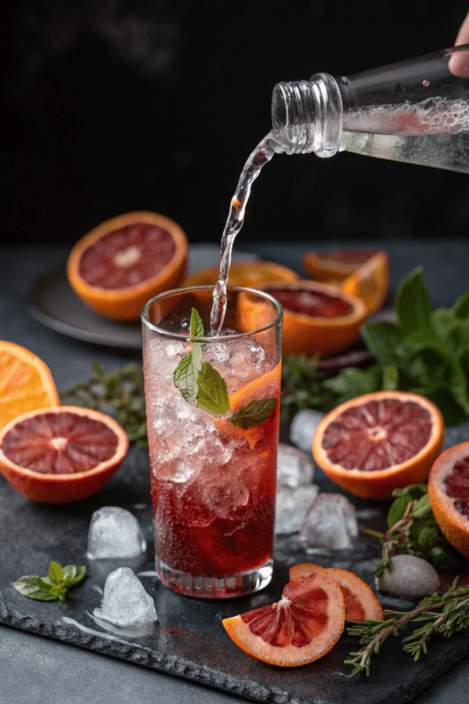 pouring sparkling water into blood orange mocktail spritzer glass
