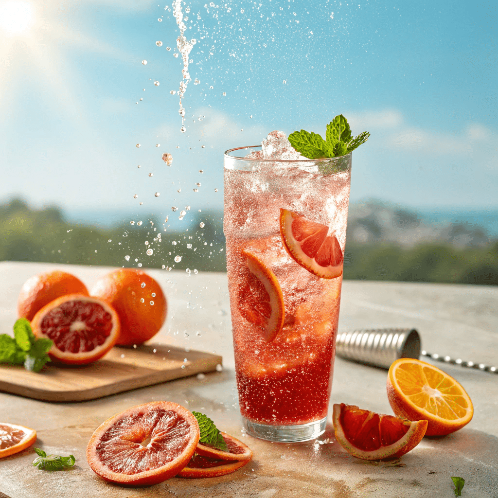blood orange mocktail spritzer with citrus garnish