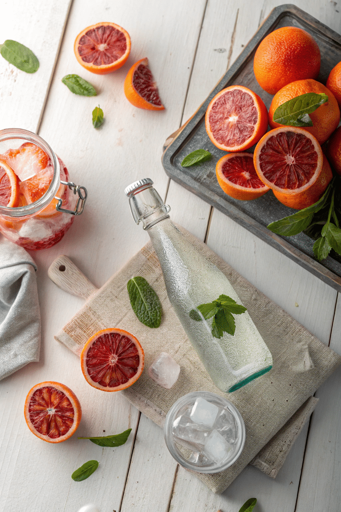  Ingredients for Blood Orange Spritz Mocktail on a wooden surface