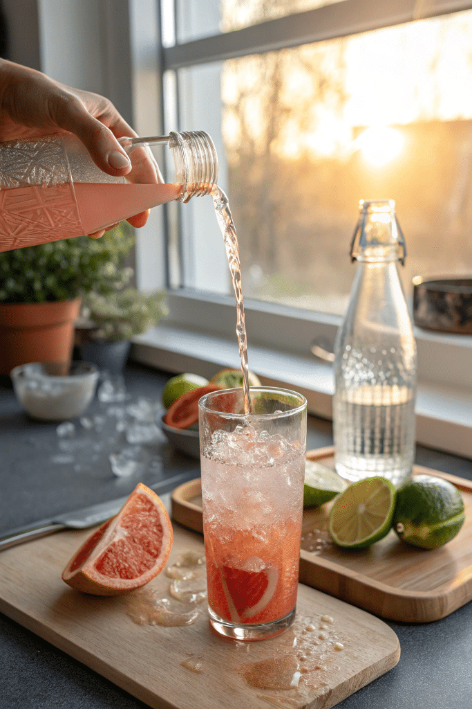 Pouring grapefruit juice for virgin Paloma drink recipe step