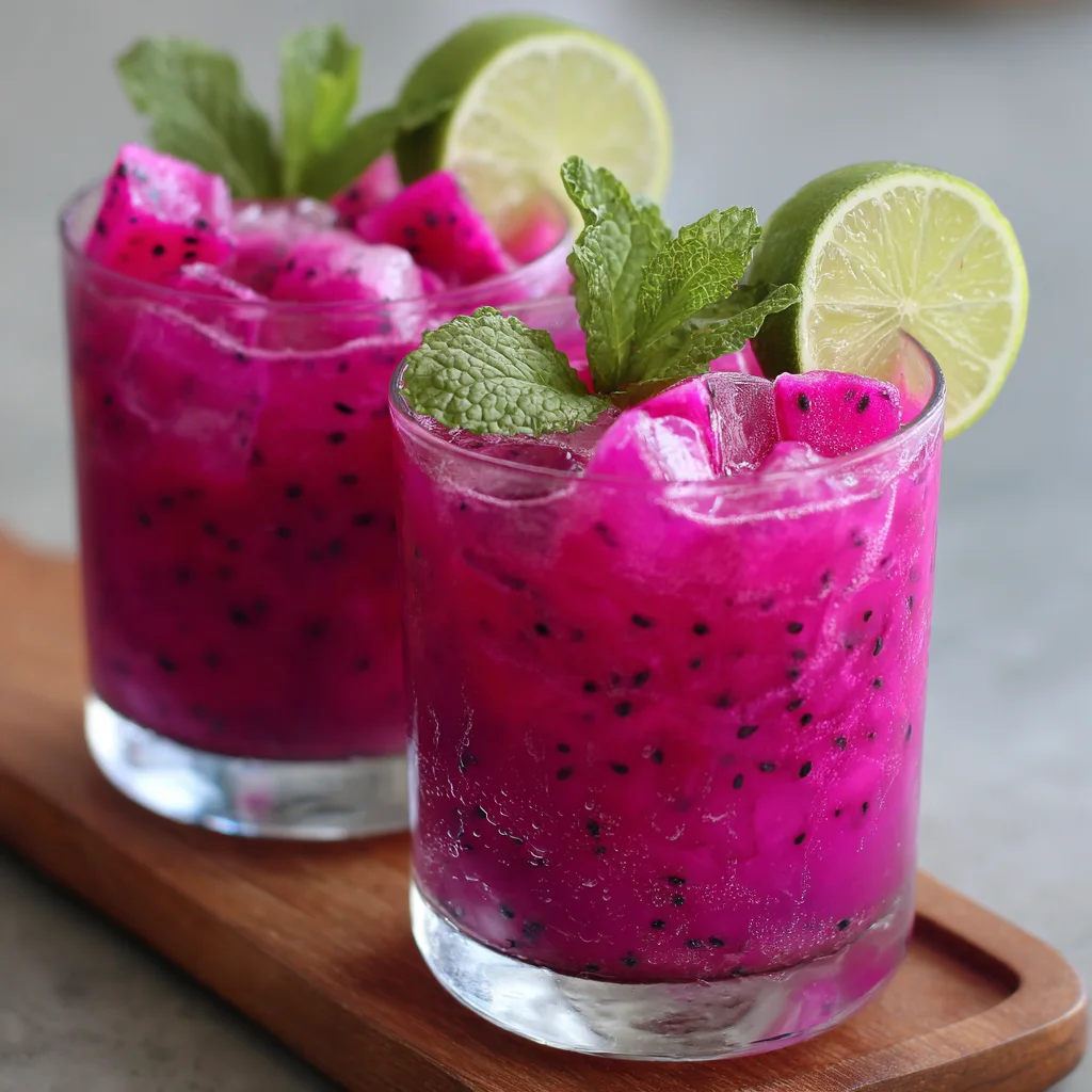 Dragon fruit mocktail in a glass with mint and lime garnish