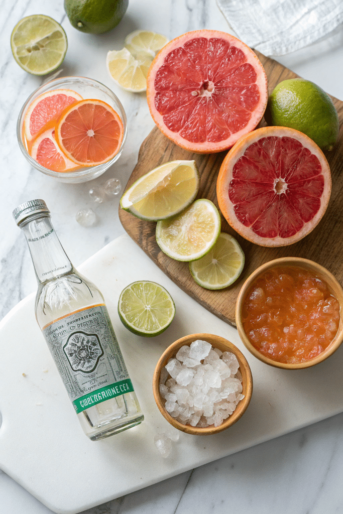 Virgin Paloma drink ingredients flat lay grapefruit lime agave