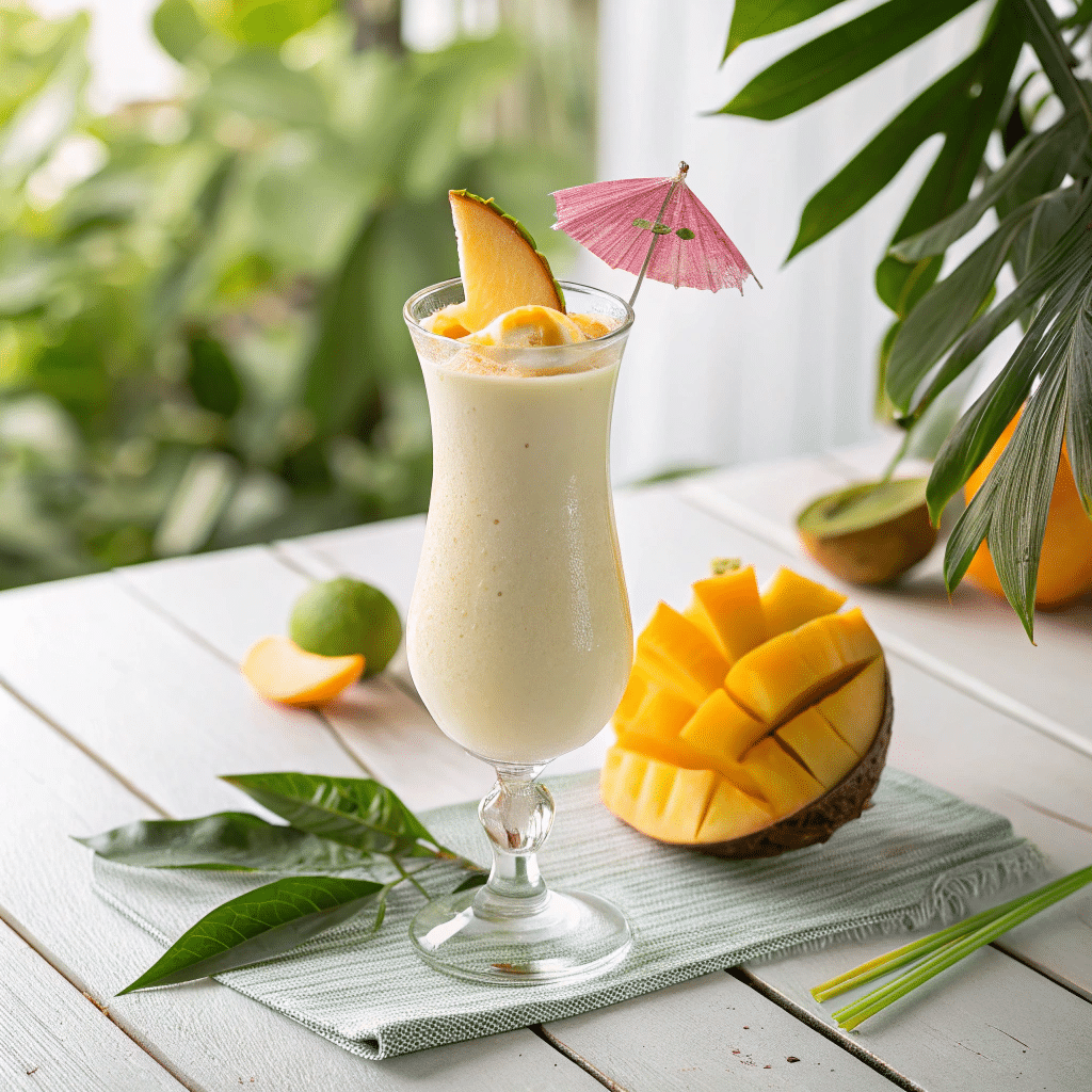 mango colada mocktail in glass with garnish