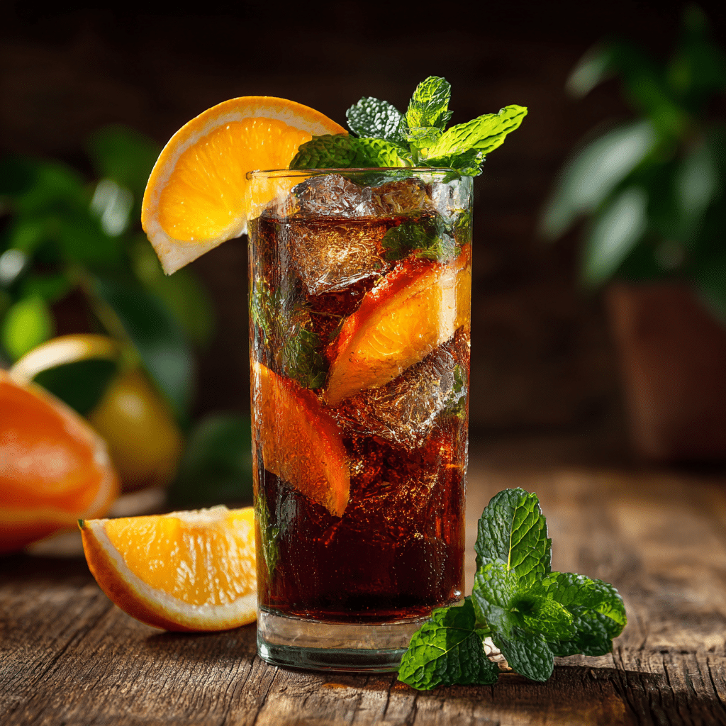 prune juice mocktail in glass with orange slices and mint