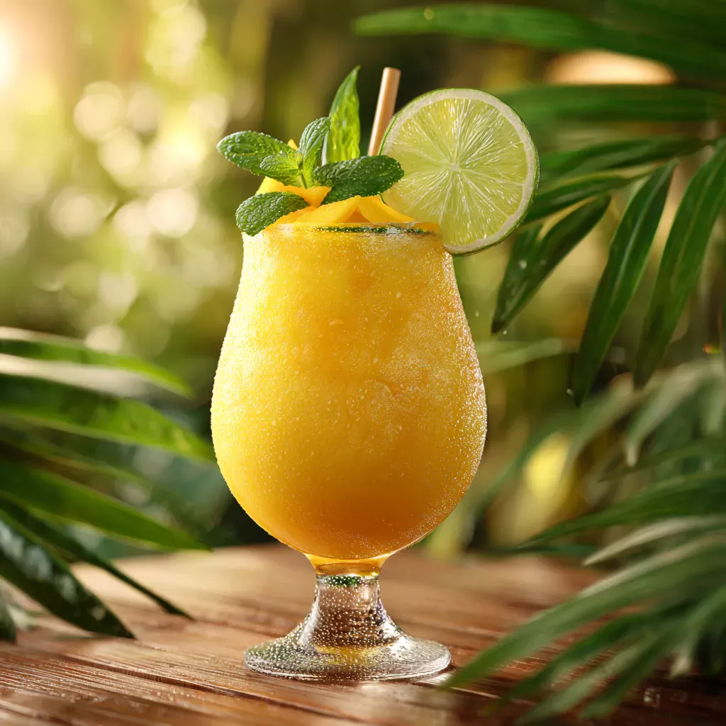 Frozen Mango Daiquiri Mocktail served with lime and mint on a tropical table
