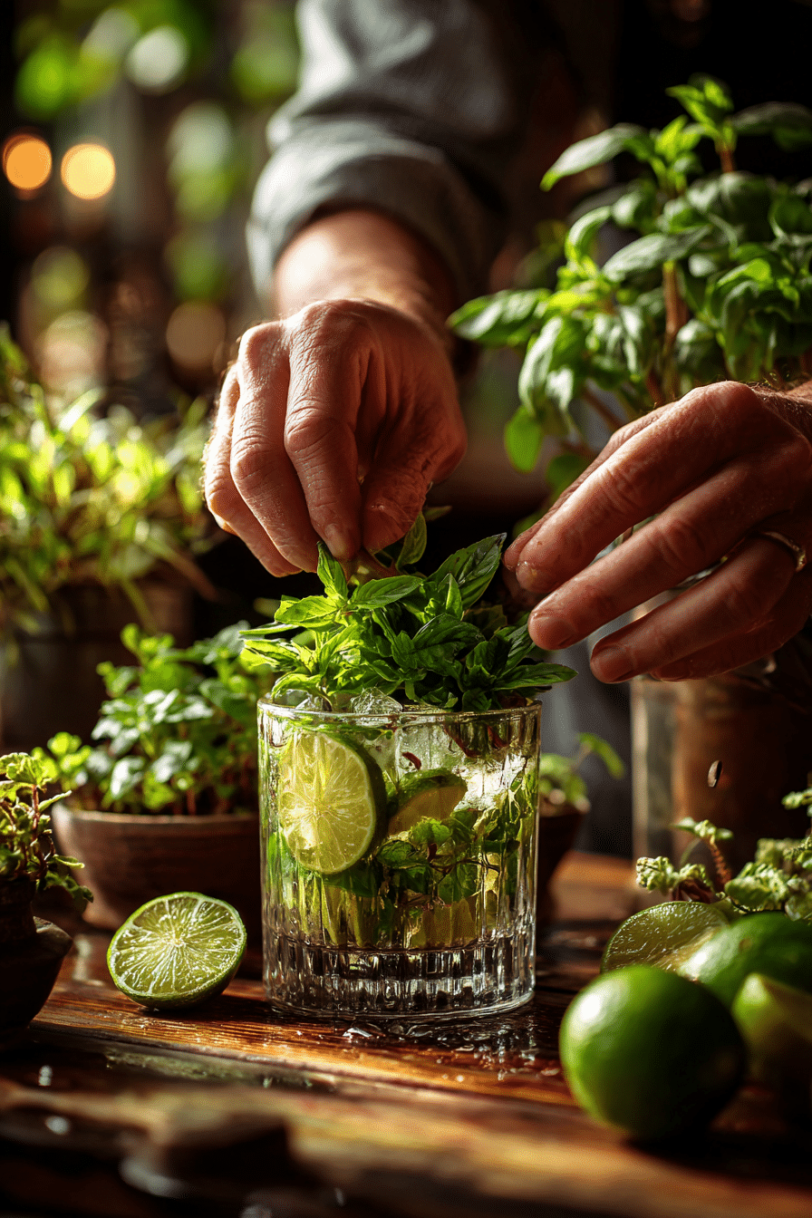 Muddling basil and lime for basil mojito mocktail