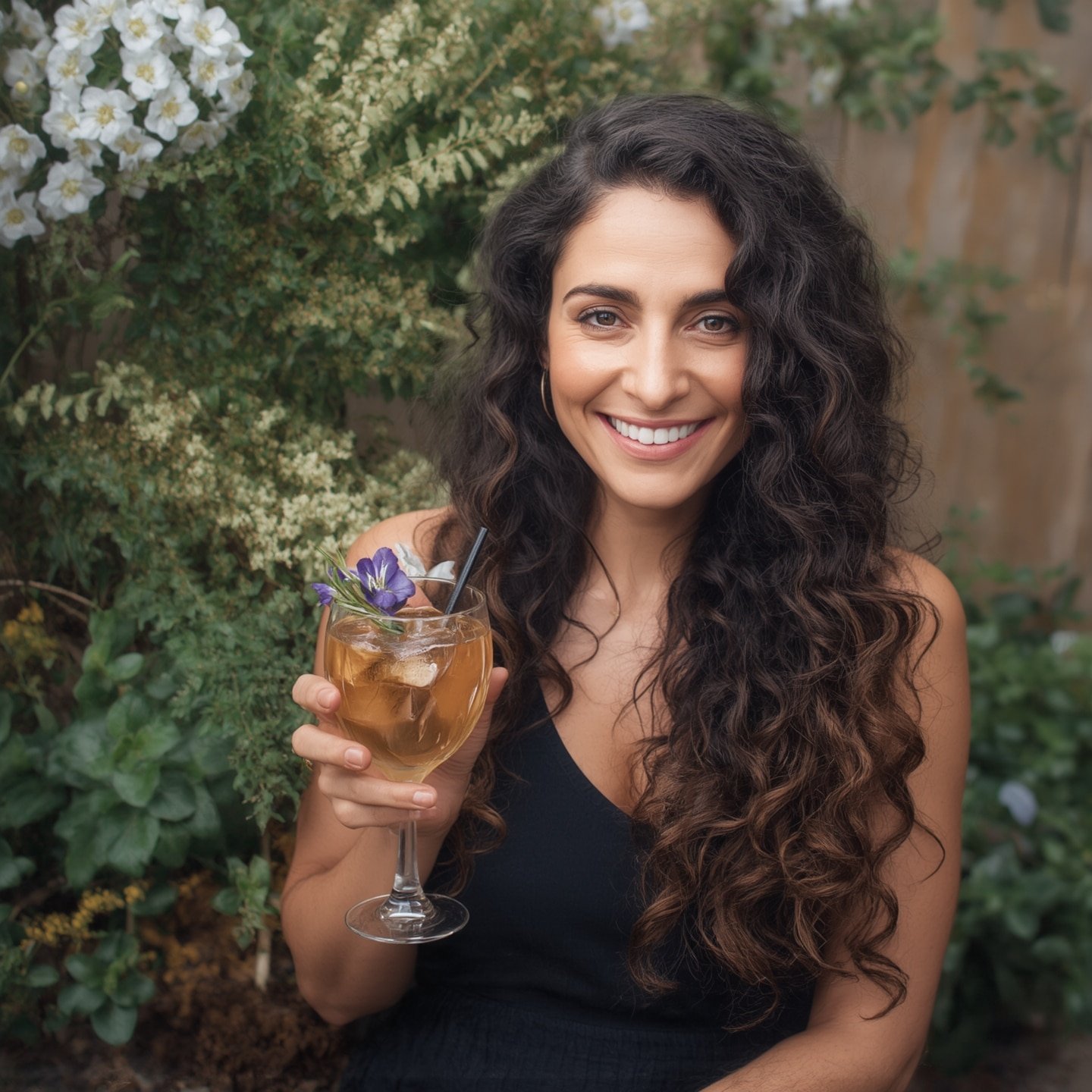 MARIA in a lush garden patio holding a colorful alcohol-free mocktail with fresh herbs and edible flowers