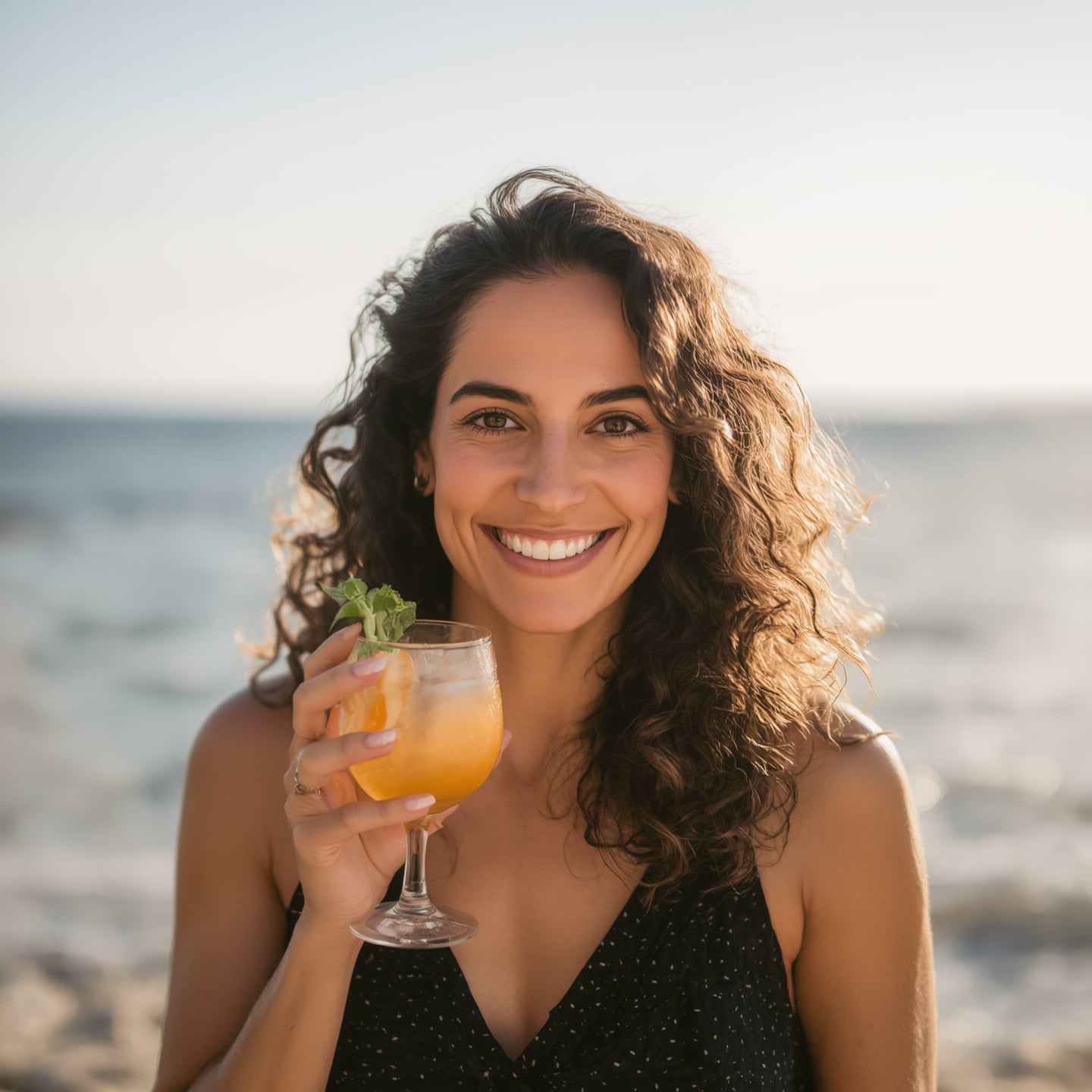 MARIA standing on the beach at sunset, holding an elegant orange mocktail garnished with mint and citrus slices, smiling warmly