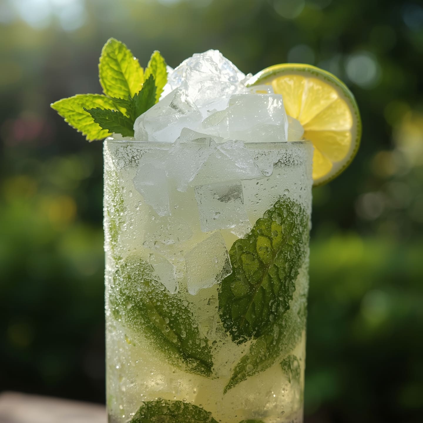 frozen mojito mocktail in a tall glass with mint and lime