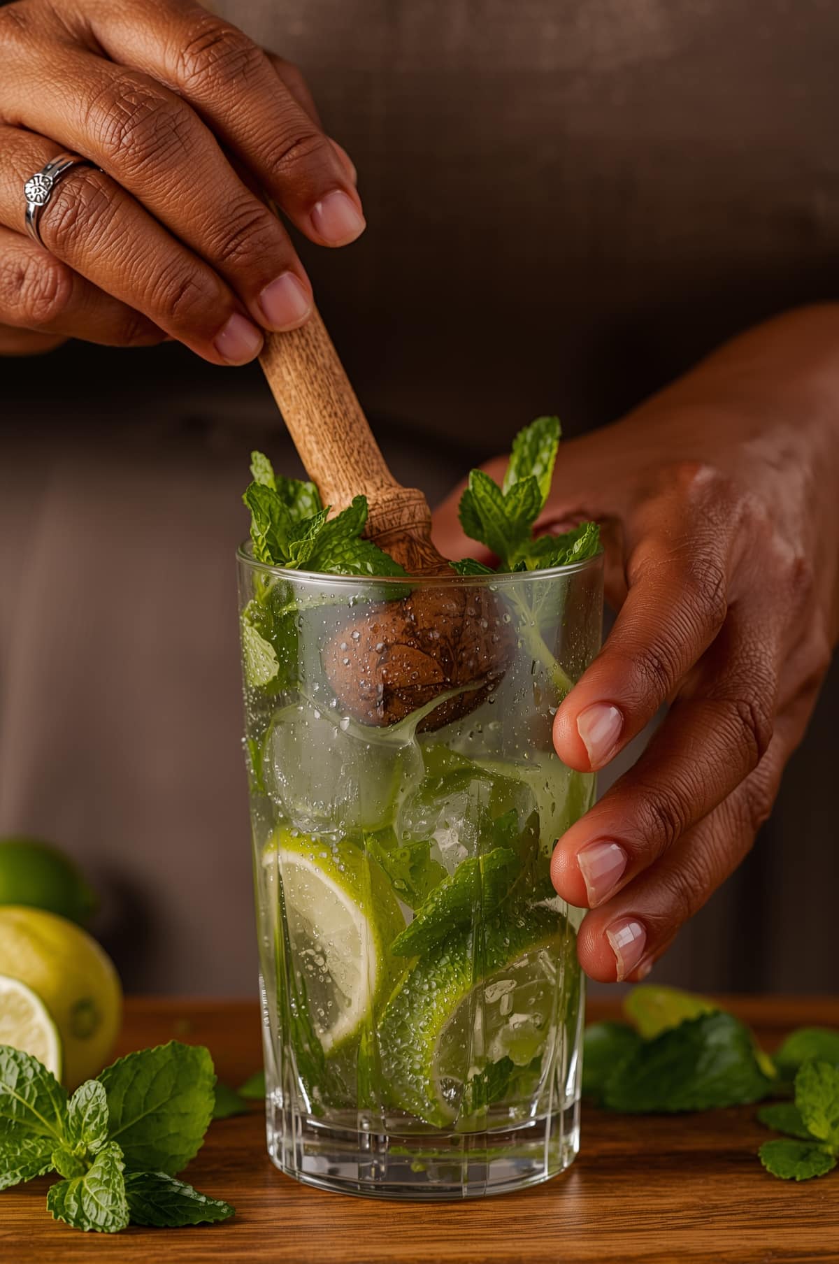 muddling mint and lime for virgin mojito
