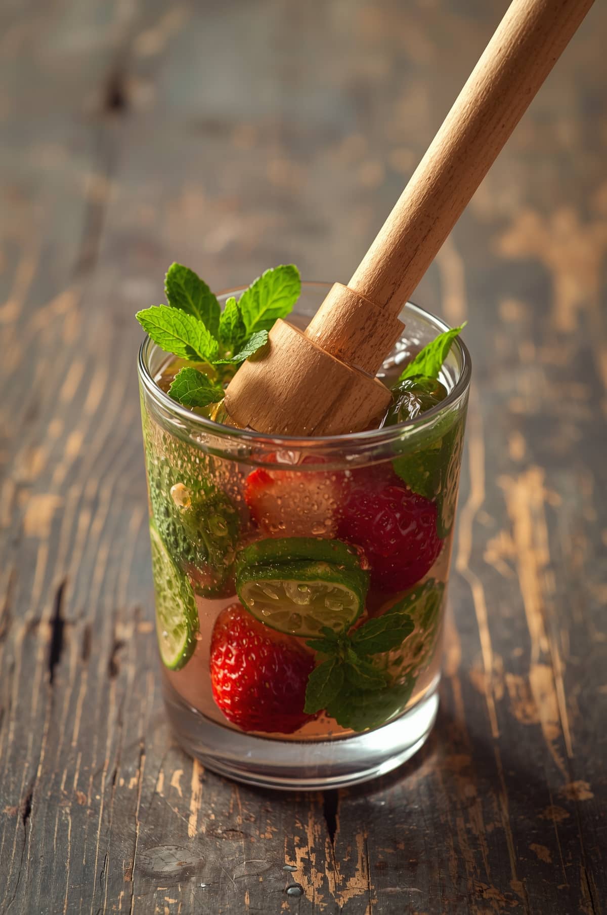 muddling strawberries and mint for mojito mocktail