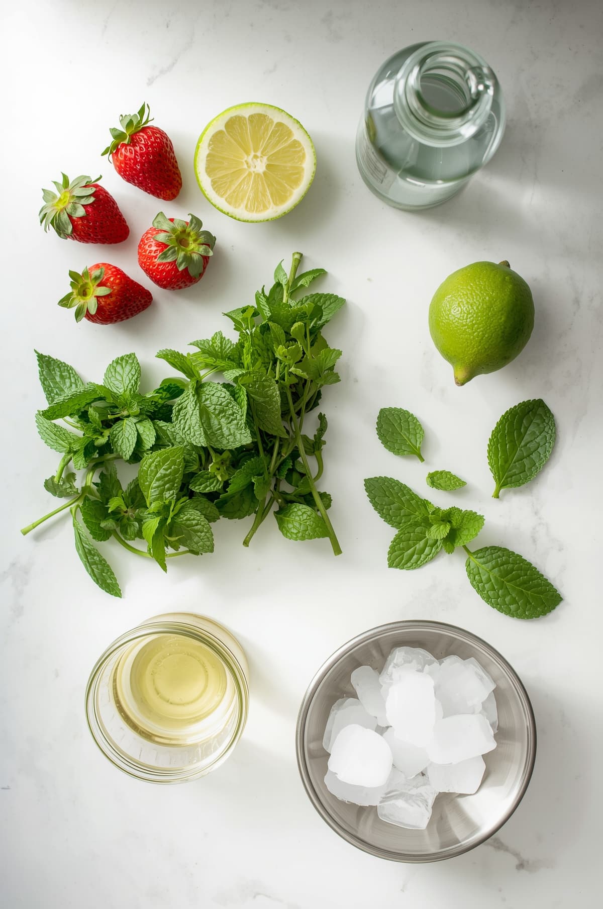 strawberry mojito mocktail ingredients flat lay