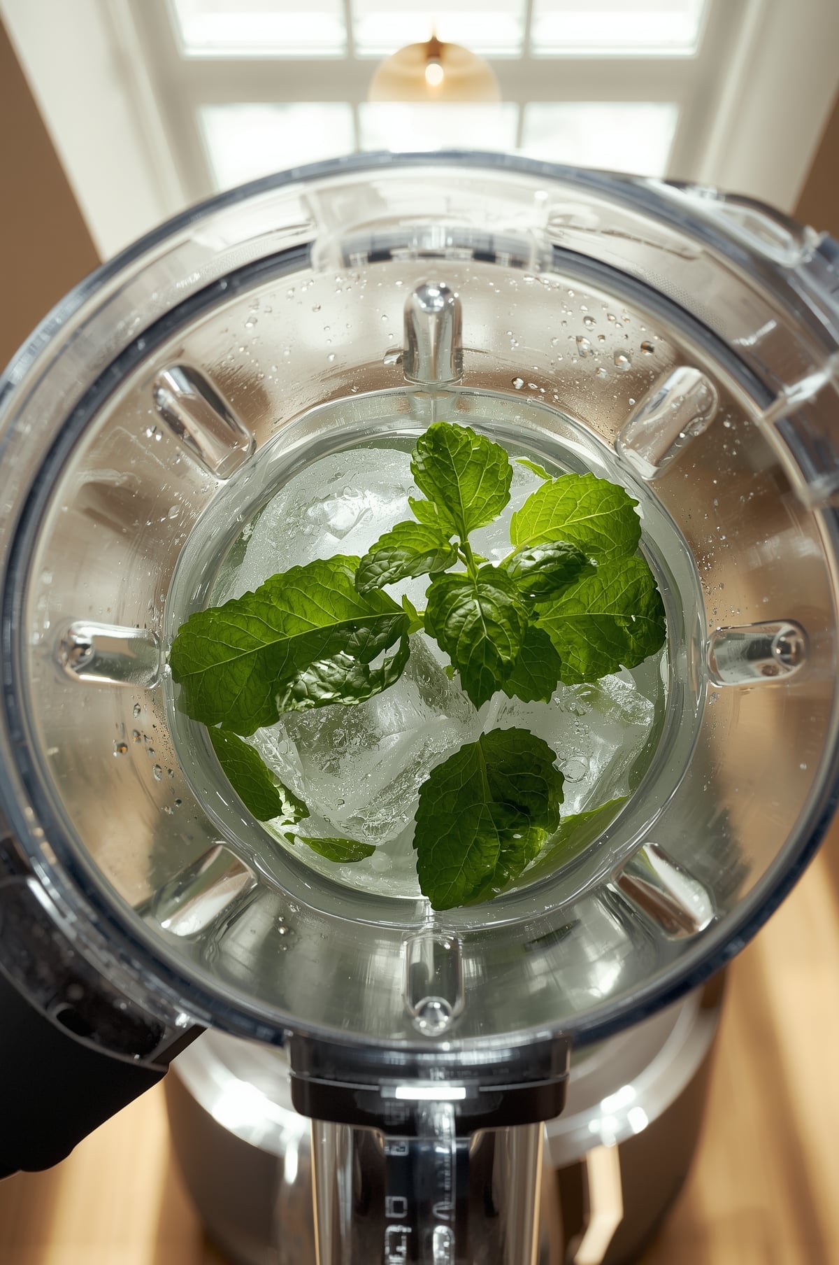 blending mint, lime juice, and ice for frozen mojito mocktail