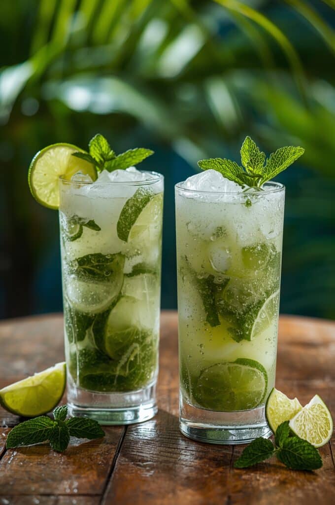 two glasses of frozen mojito mocktail with mint and lime garnish
