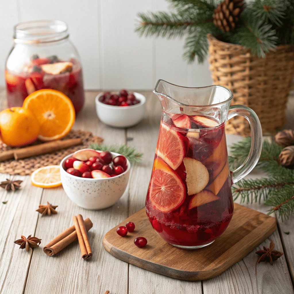 cranberry sangria mocktail recipe in festive pitcher