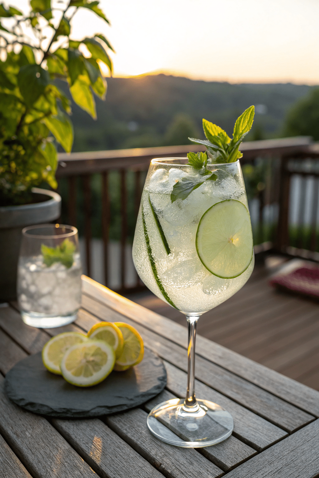 cucumber basil mocktail served with ice and lemon garnish
