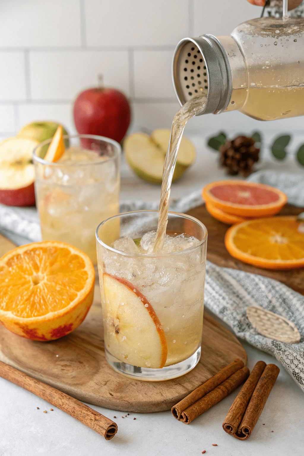 pouring cranberry sangria mocktail over ice