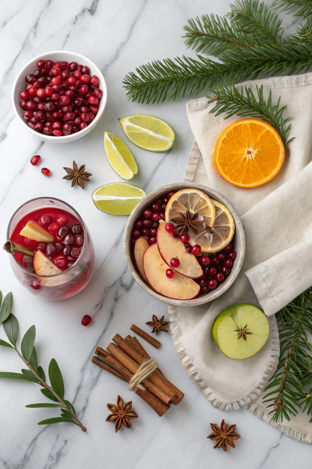 christmas sangria mocktail ingredients flat lay